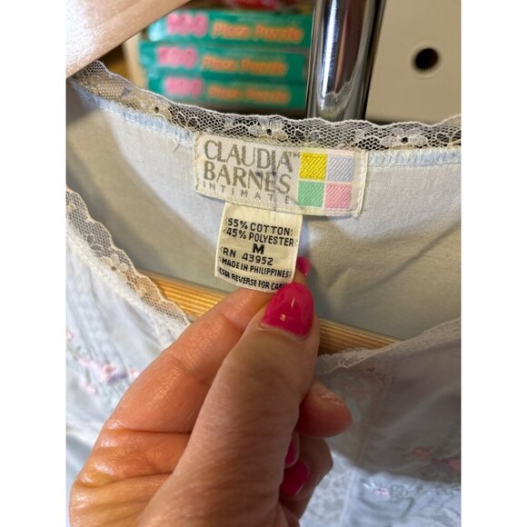 Vintage Claudia Barnes Nightgown Ruffled Lace Smocking Blue Button Front Size M - Picture 7 of 10